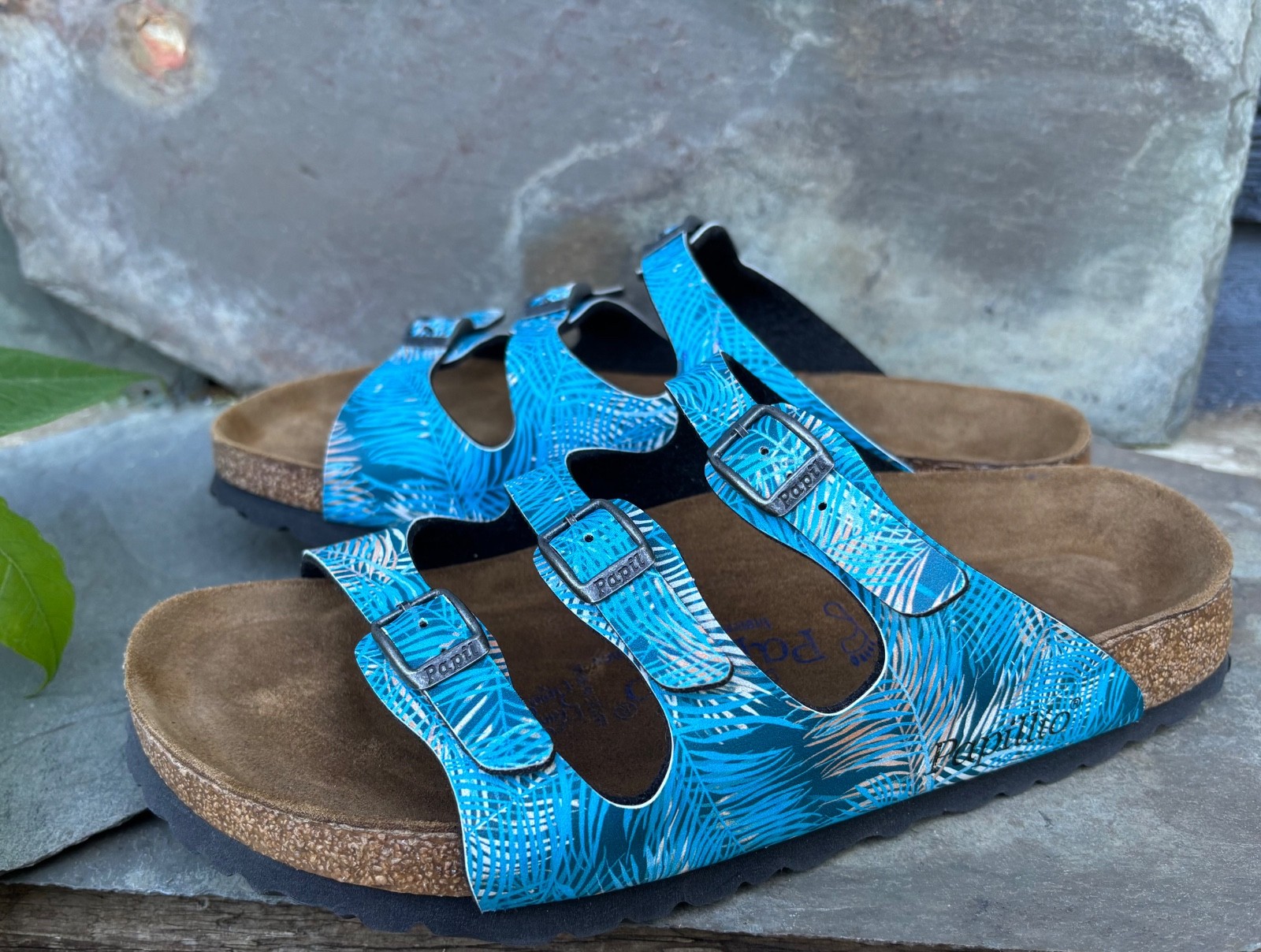 PAPILLIO x Birkenstock ‘Florida’ (39/8) Tropical Leaf Blue Birko-Flor Sandals