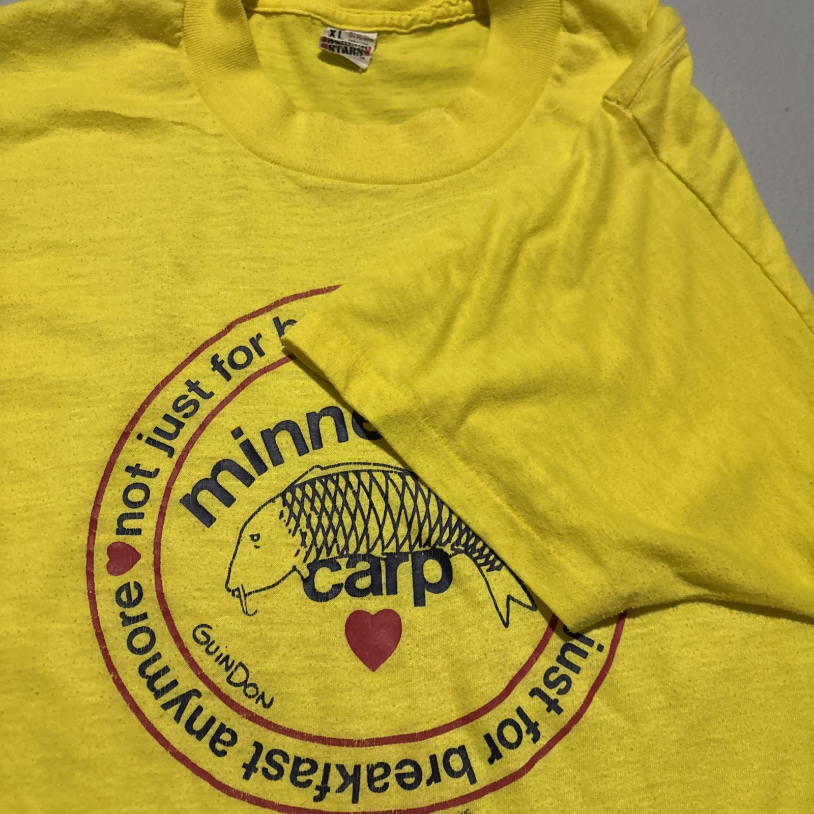 Vintage 80s Minnesota Carp Graphic T-Shirt Fish XL Screen Stars Yellow