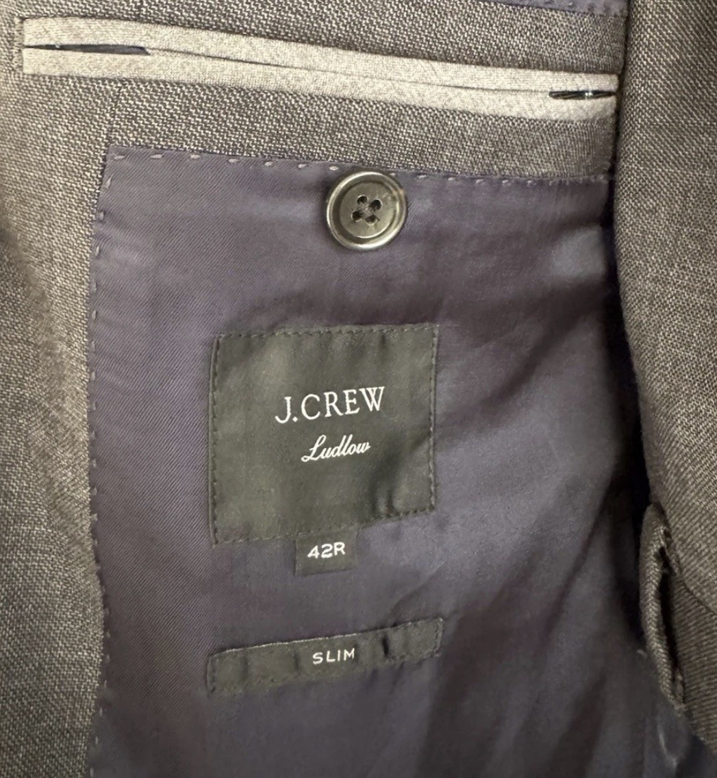 J.CREW Charcoal Italian Stretch Worsted Wool Ludlow Suit Men’s 42R, pants 34×30