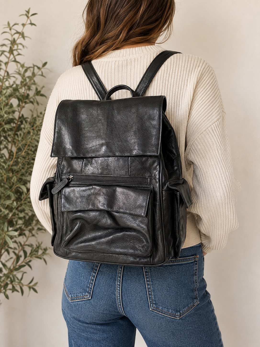 Wiganello Black Women’s Backpack Magnetic Flap Zip, Outer Pockets, Lined