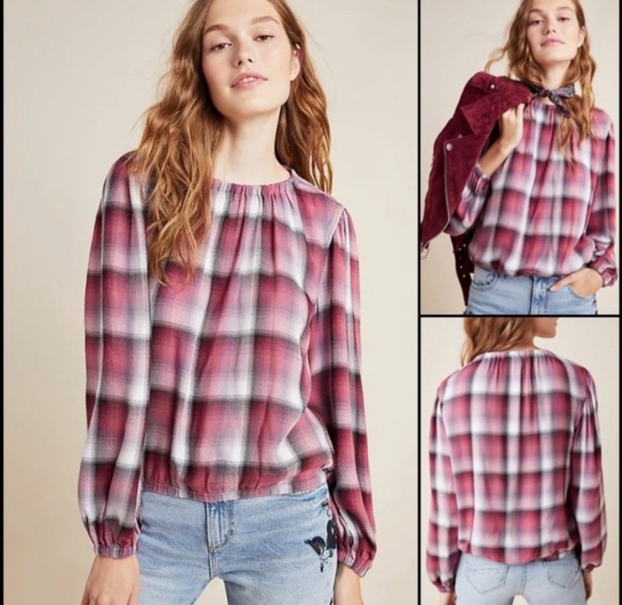 Anthropologie Cloth & Stone Glacier Plaid Long Sleeve Top XS Casual Rayon NWT