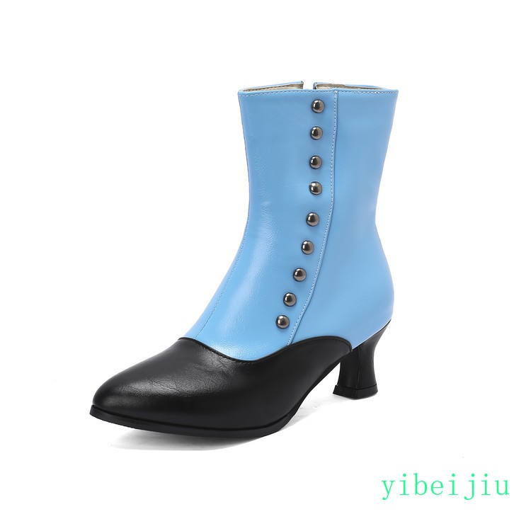 Womens Low Kitten Heel Patchwork Ankle Boots Buttons Leather Shoes Two Tone 2026