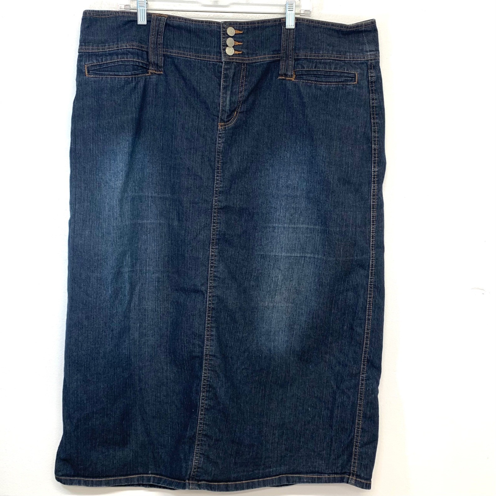 Zoey Beth Dark Wash Denim Long Skirt Size 3X Cotton Blend Back Slit Stretch