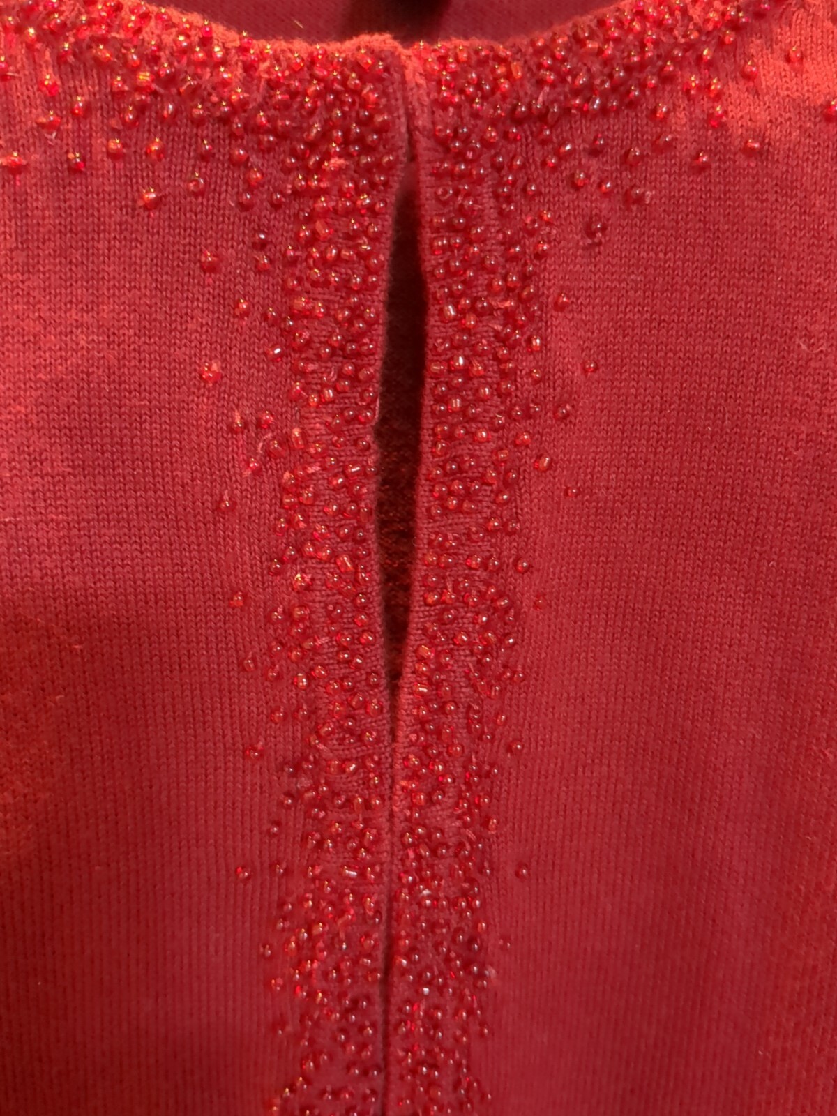 Lands End Holiday Evening Beaded Cotton Cardigan Sweater Open Front M 8-10 Red