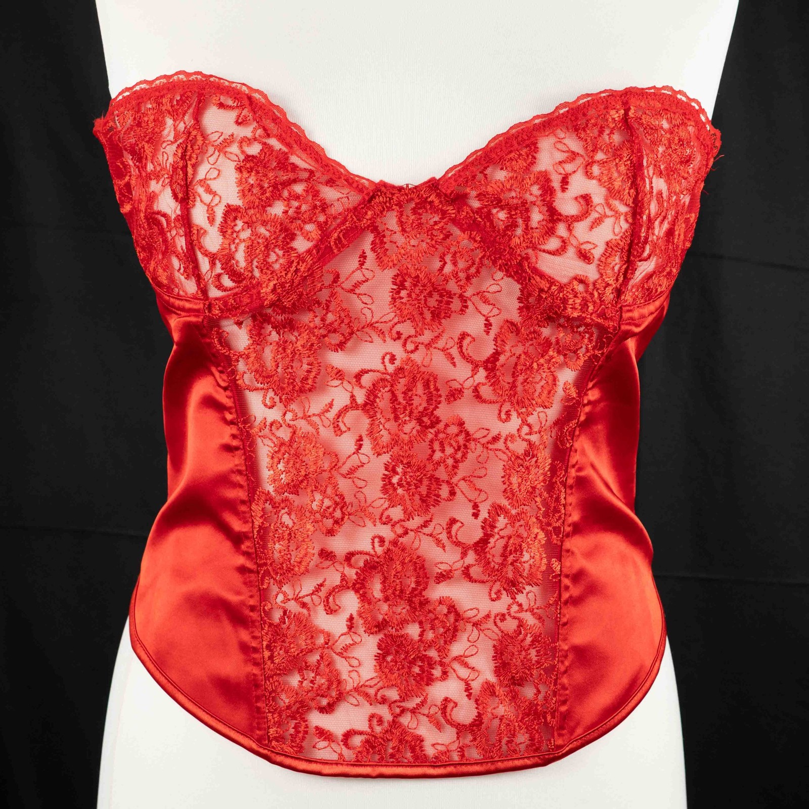 Red Lace & Satin Corset Top XS Sheer Floral Lace Bodice