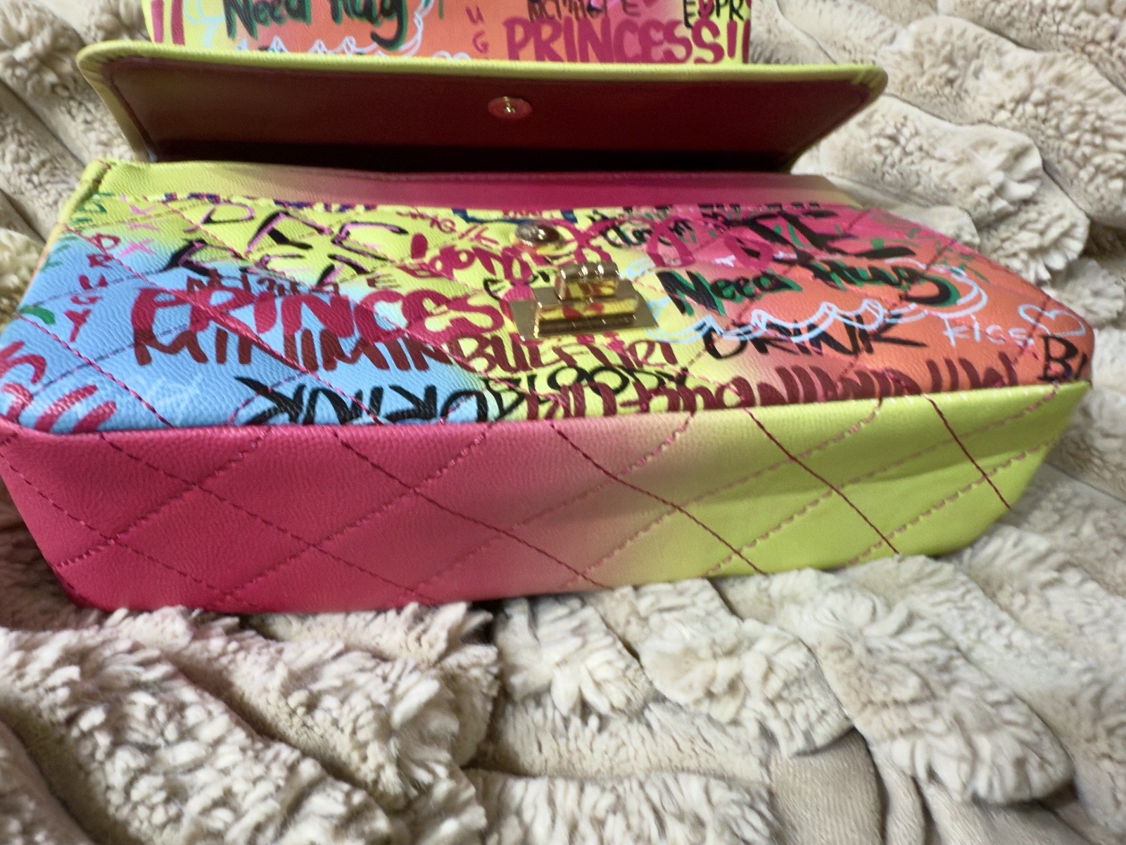 Alba Colorful Funky Graffiti Print Quilted Flap Shoulder Bag