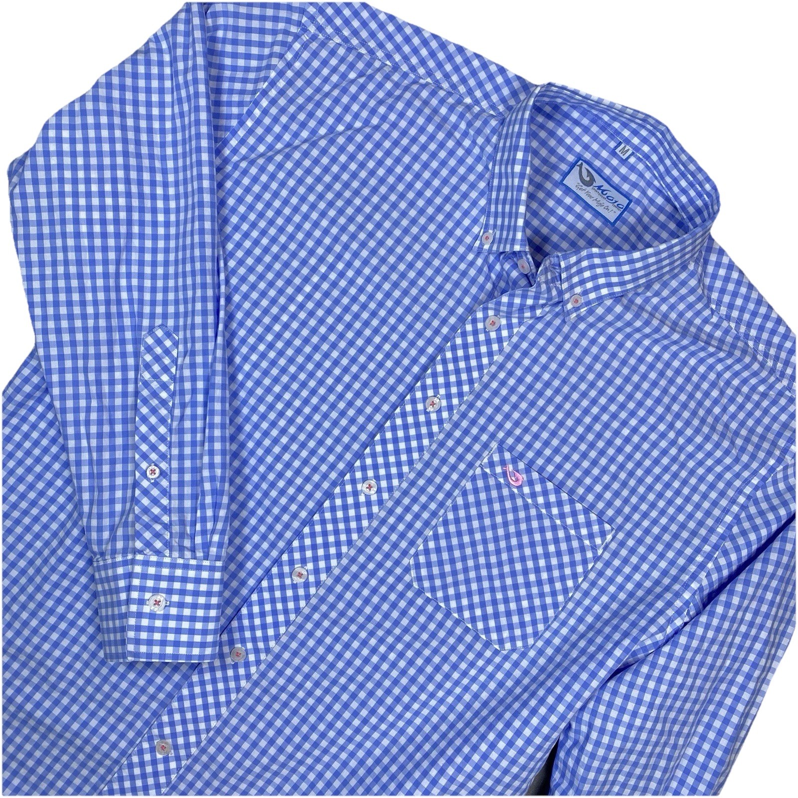 Mojo Sportswear Co Fishing Shirt Mens M Blue Plaid Button Up Gingham Logo Pink