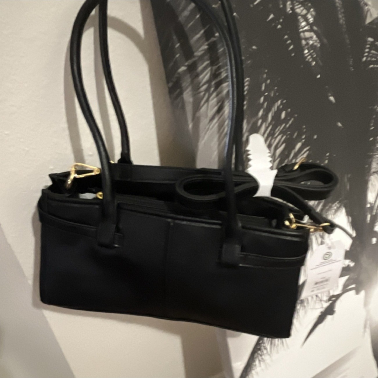 Black Shoulder Bag with Gold Hardware, Zipper Accent & Long Shoulder Strap