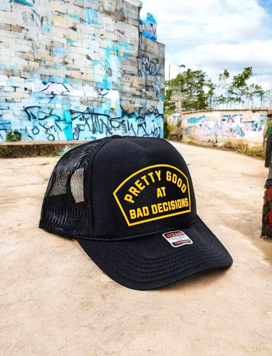 BLACK Foam Trucker Snapback OTTO Hat Yellow “PRETTY GOOD AT BAD DECISIONS” NEW