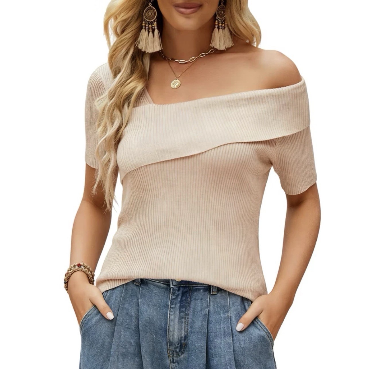 Brand New $100 Women’s Asymmetrical Off-Shoulder Short Sleeve Ribbed Knit Top-S