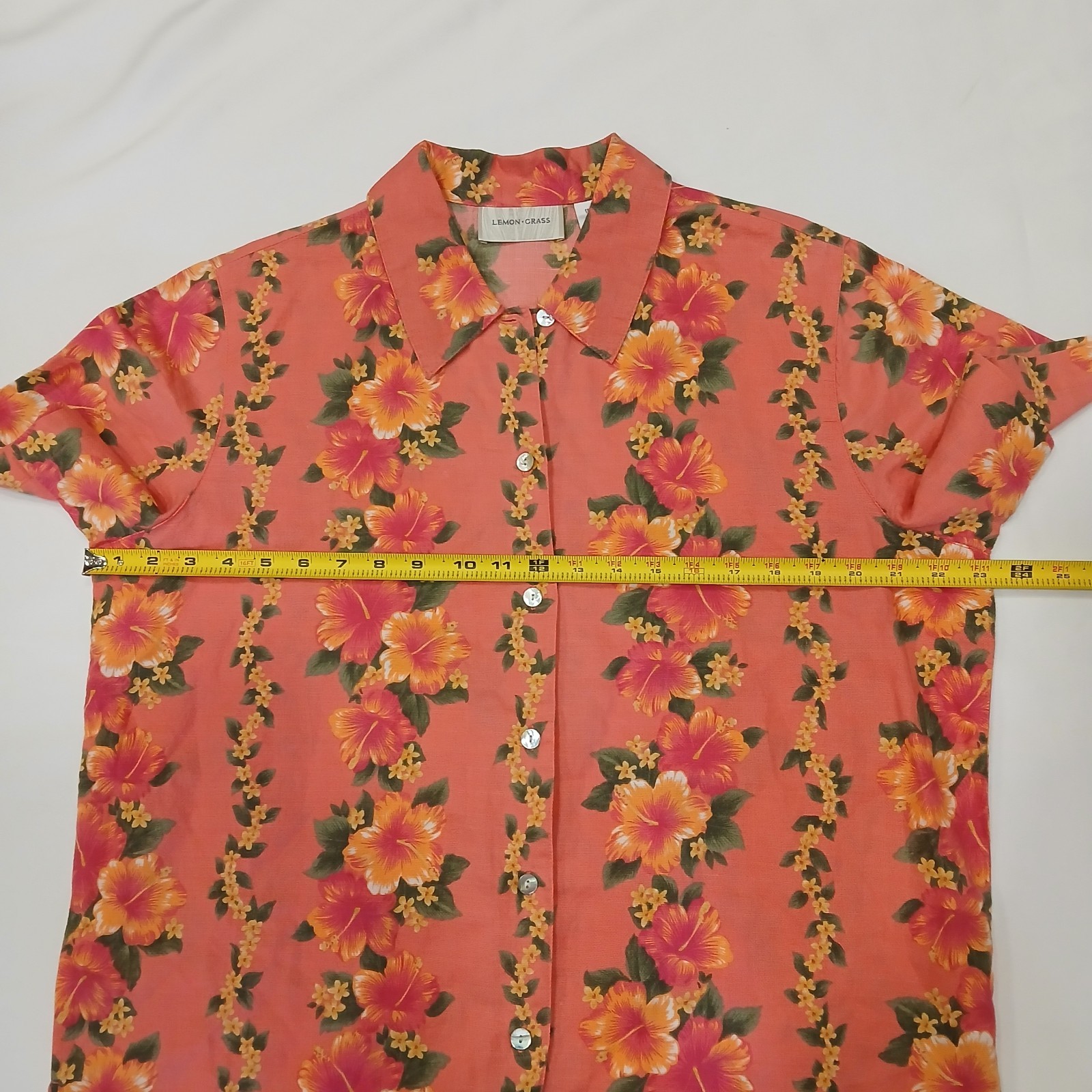 Lemon Grass Womens L Coral Button Up Shirt Hawaiian Hibiscus Linen Cotton Aloha