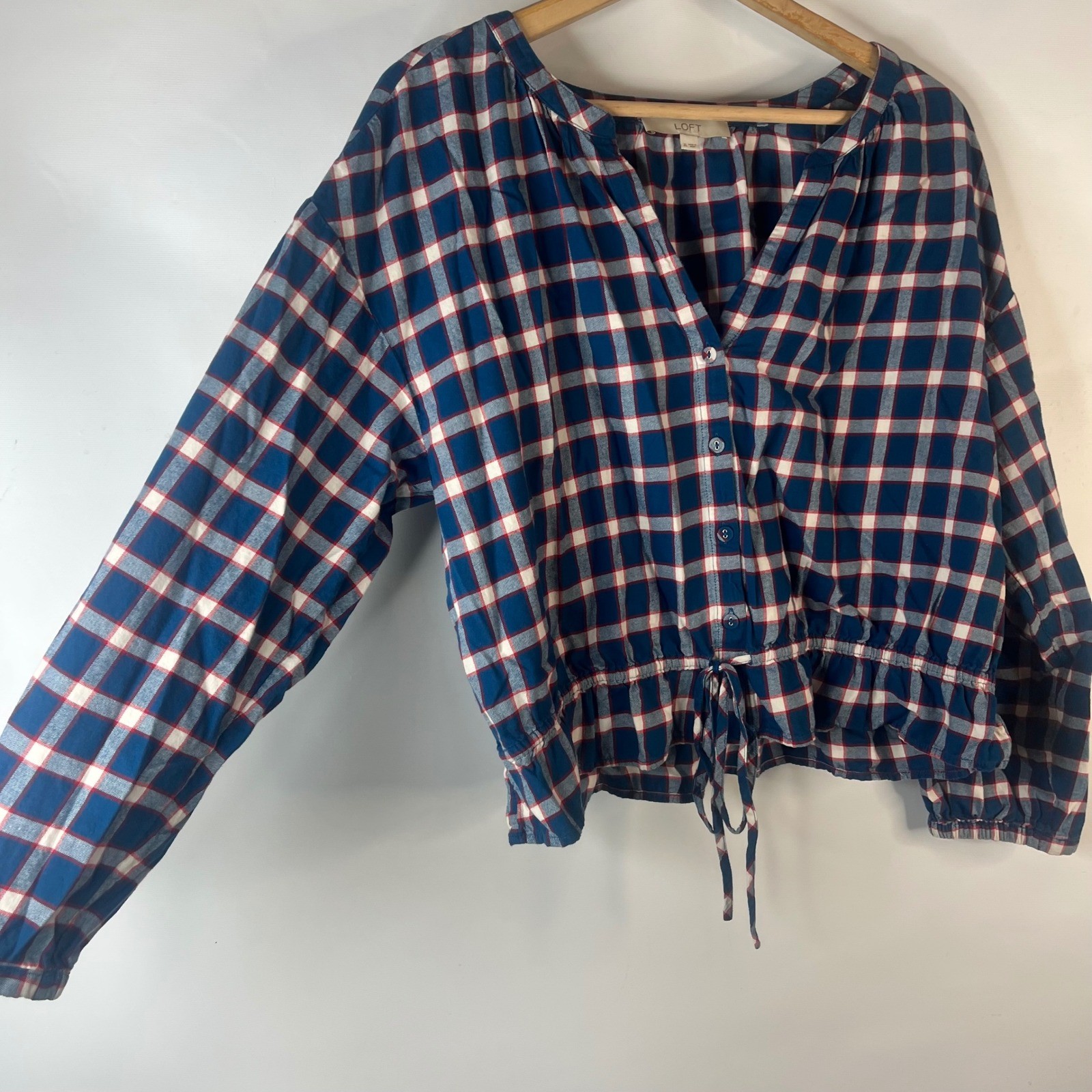 LOFT Blouse Womens XL Blue Red Plaid Peplum Drawstring Waist V-Neck Top