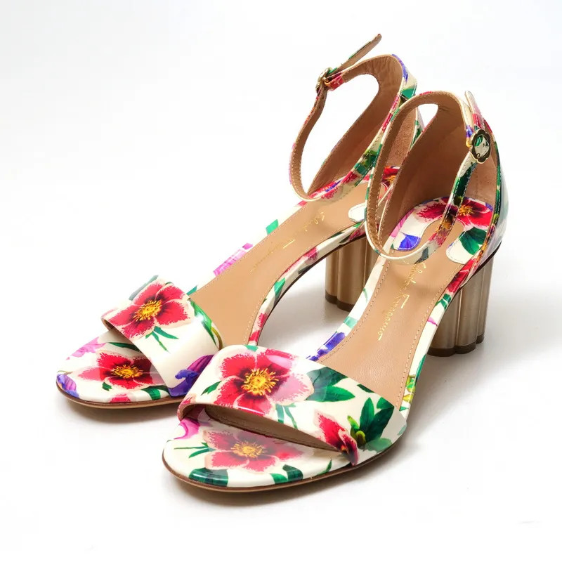 Pre-owned Salvatore Ferragamo ERACLEA Patent Leather Heel Sandals Size US 6.5