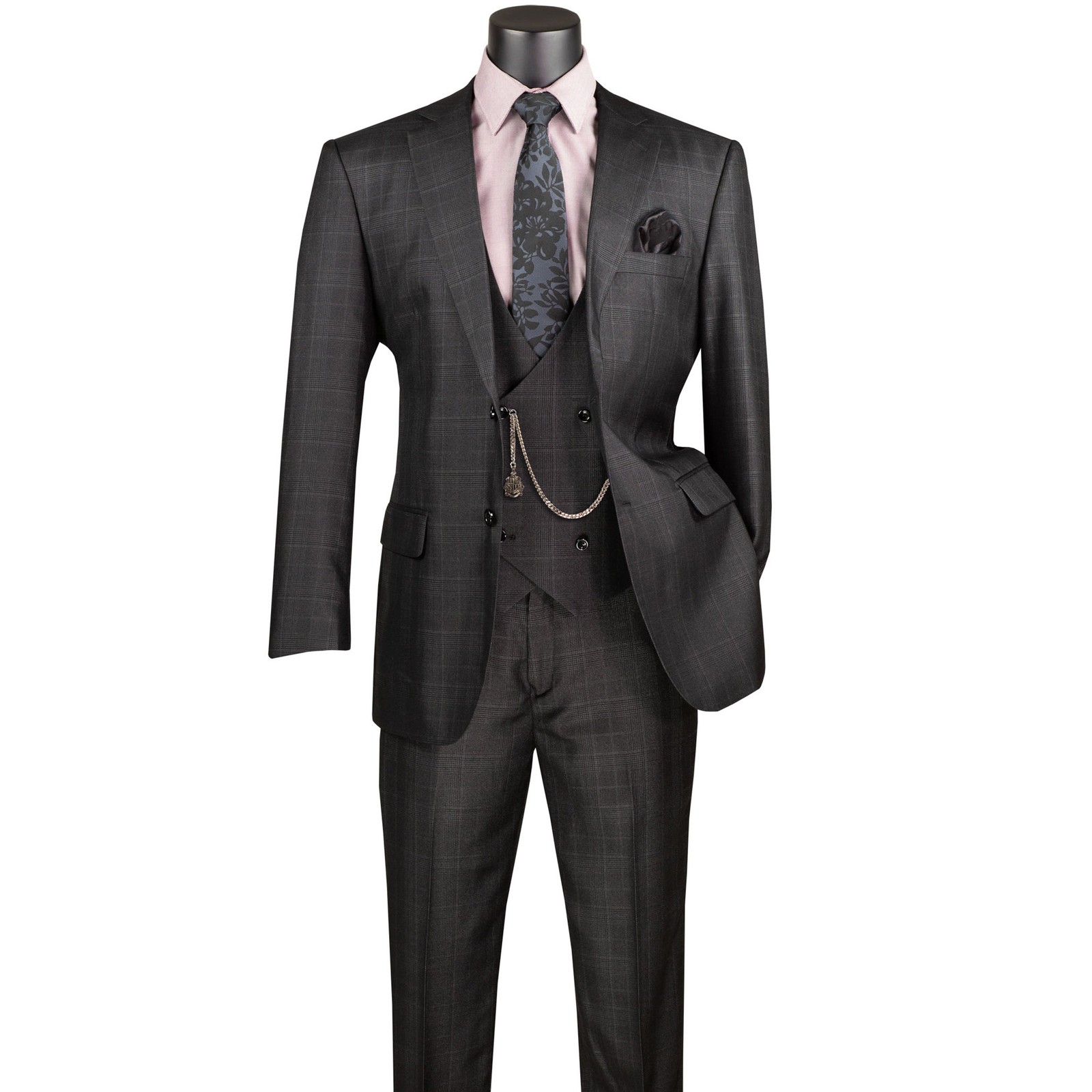 VINCI Men’s Black Sharkskin Glen Plaid 3pc Classic Fit Suit w/ Flex Waist – NEW