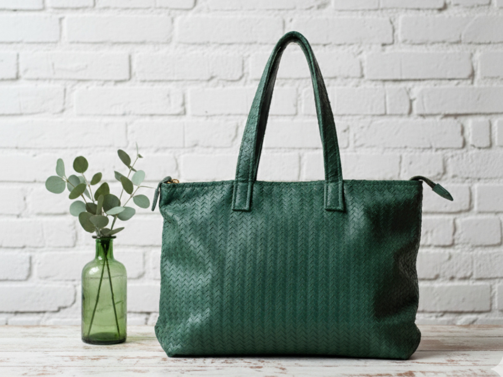 Handmade Green Woven Leather Tote Bag – Women’s Daily Office Bag