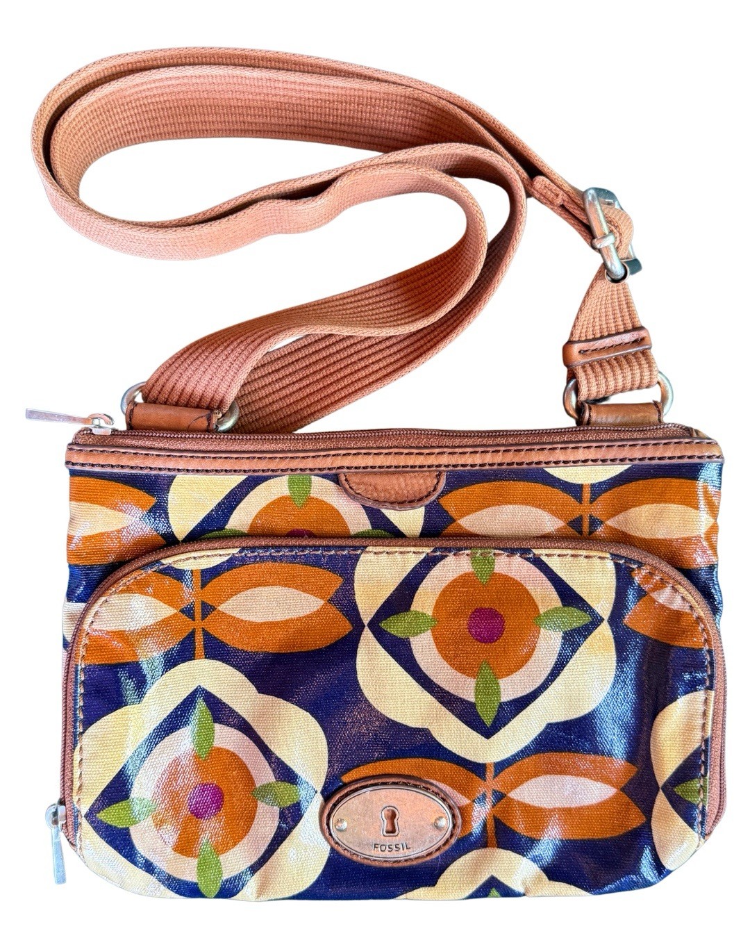Fossil Key-Per Crossbody Bag Coated Canvas Navy Orange Floral Print Leather Trim