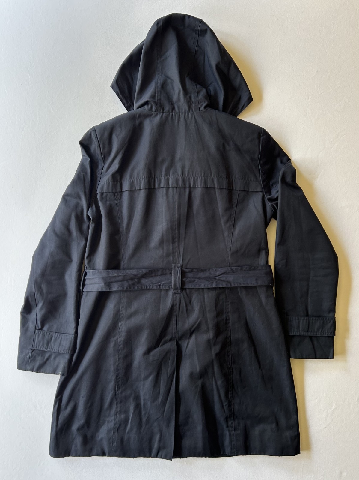 London Fog Women’s Navy Blue Hooded Raincoat Size S Belted Zip Snap Front