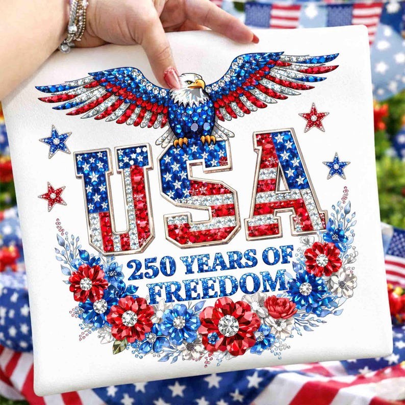 USA 250 Years of Freedom T-Shirt: 2D Faux Rhinestone Patriotic Floral Eagle Tee