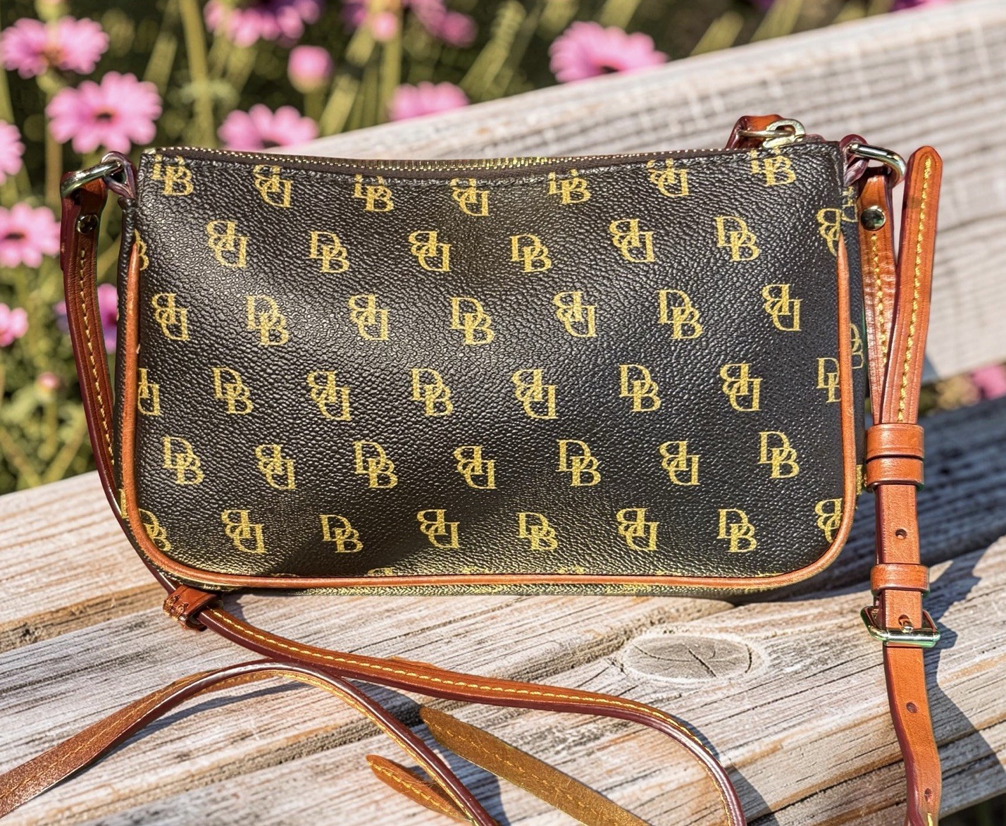Dooney Bourke Gretta Lexi Small Crossbody Bag Dark Brown T’Moro DB Logo Monogram