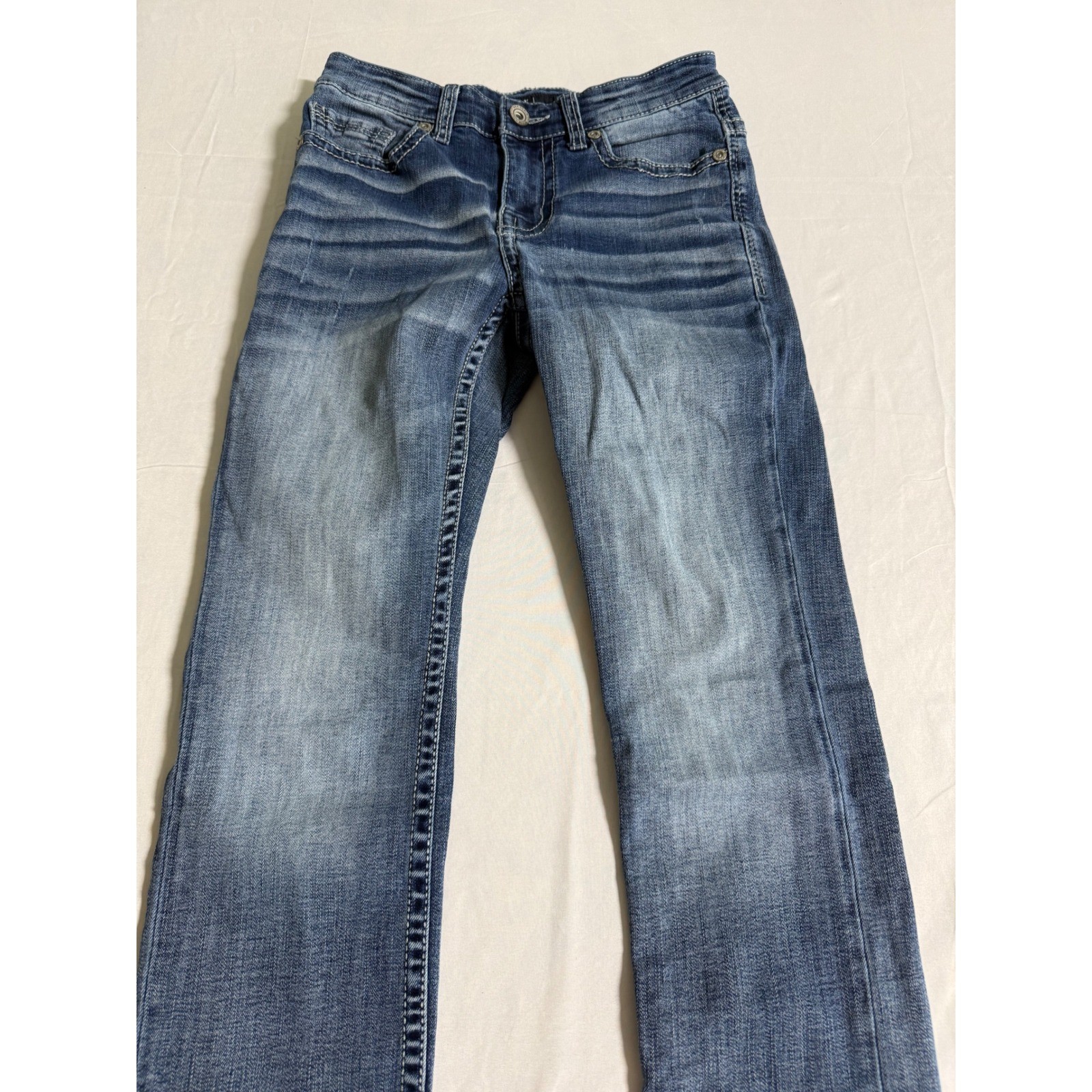 BKE Alec Straight Leg Jeans Womens 28×32 Medium Wash Distressed Contrast Stitch