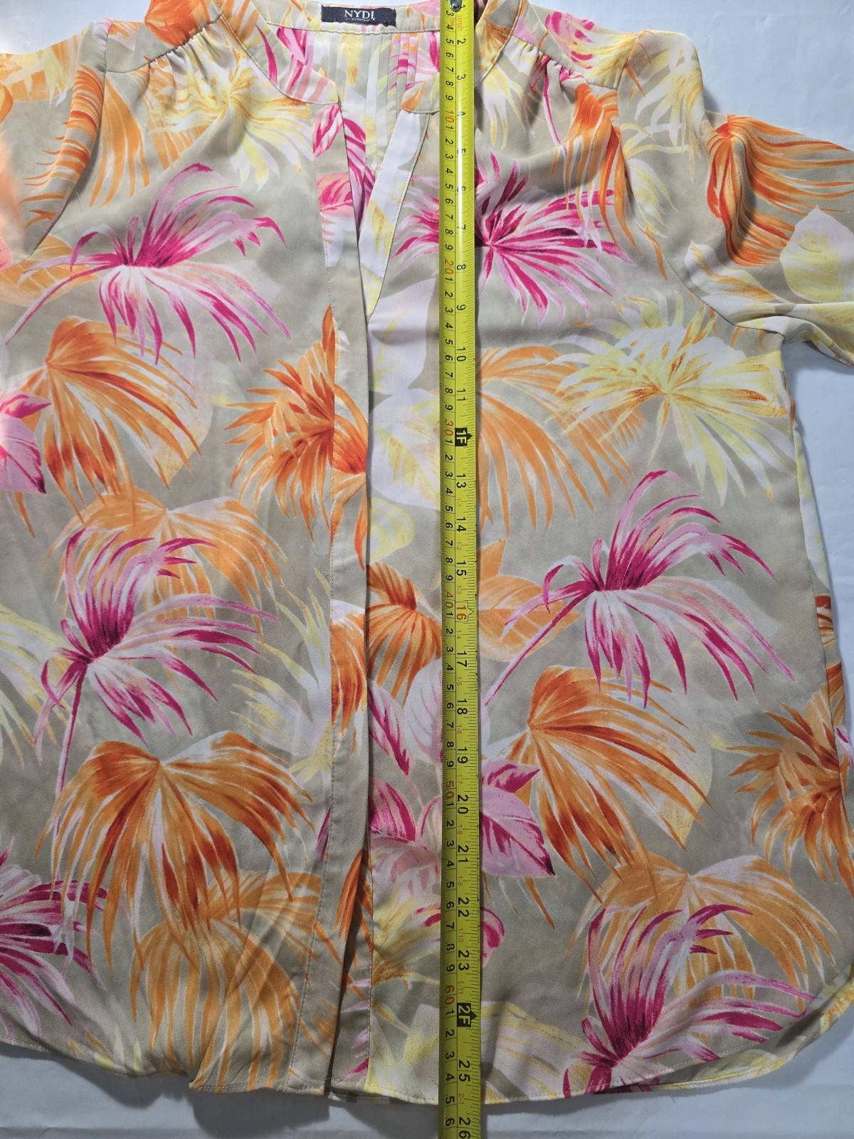 NYDJ Womens XS Tropical Palm Print Blouse Orange Pink 3/4 Sleeve Pleated V-Neck