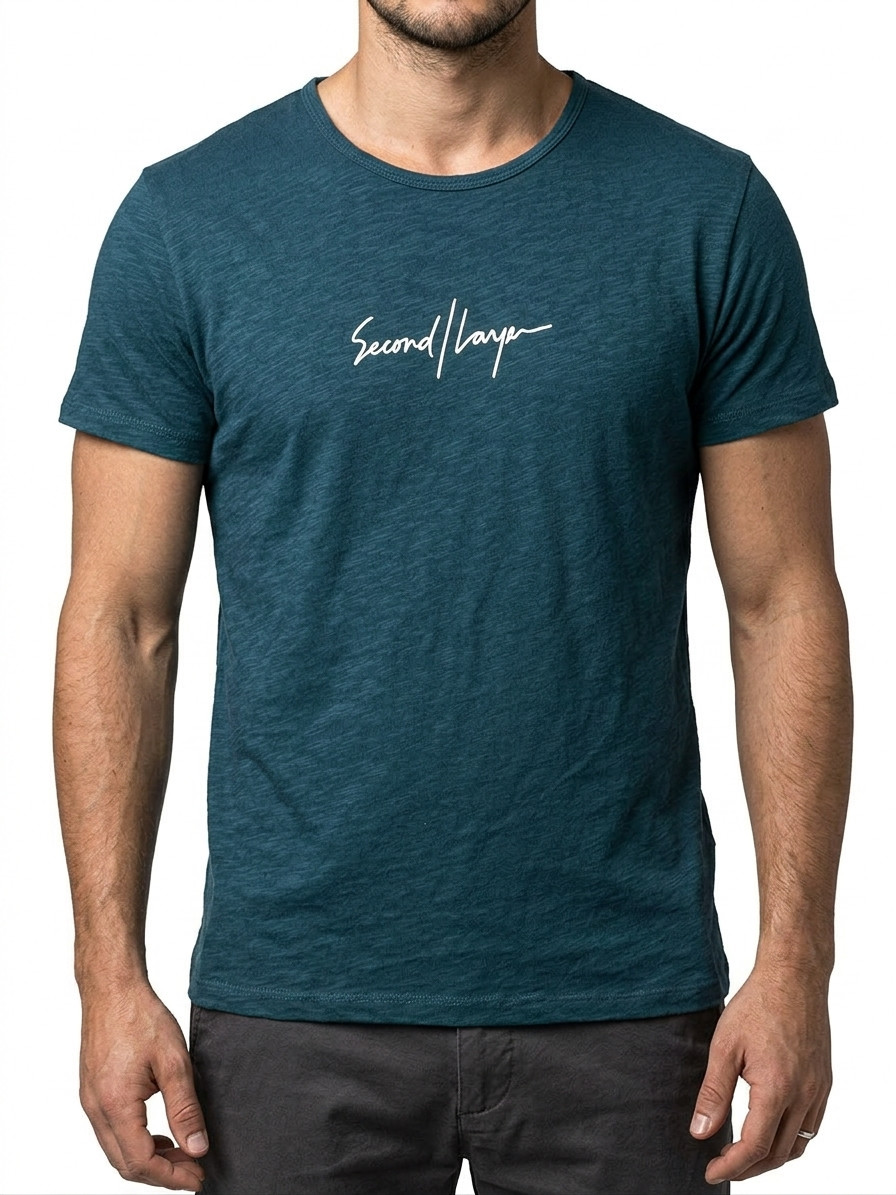 Second Layer Men’s XXL Teal Slub Cotton T-Shirt Slim Fit Crew Neck Short Sleeve