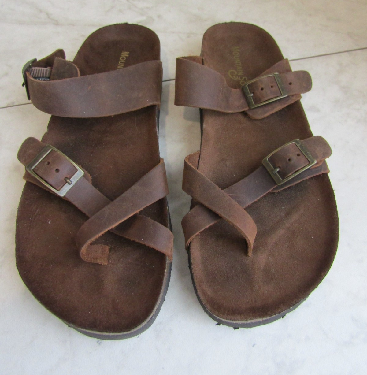 Mountain Sole Brown Buckle Cross Toe Strap Leather Slide Sandal Shoes Women’s 9