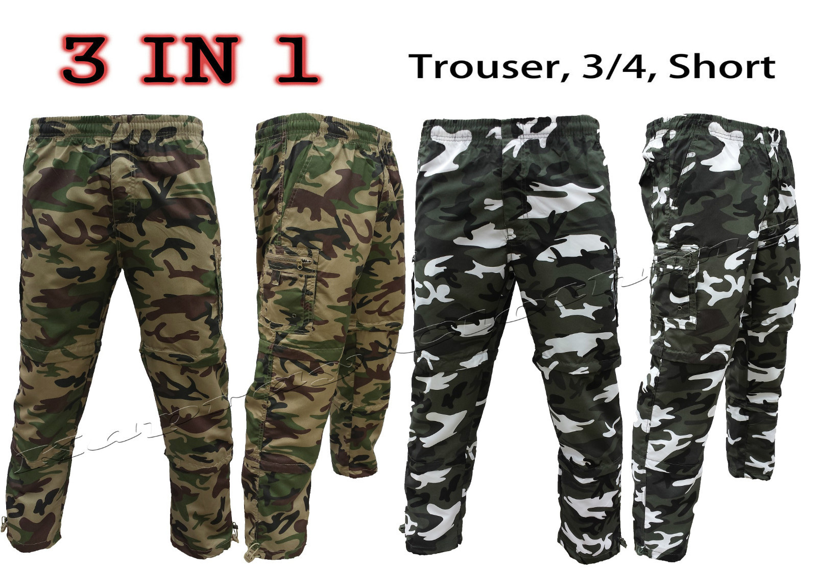 Mens 3 IN 1 Combat Trousers Cargo Pants Shorts 3/4 Zip Off Light S-XXL Summer