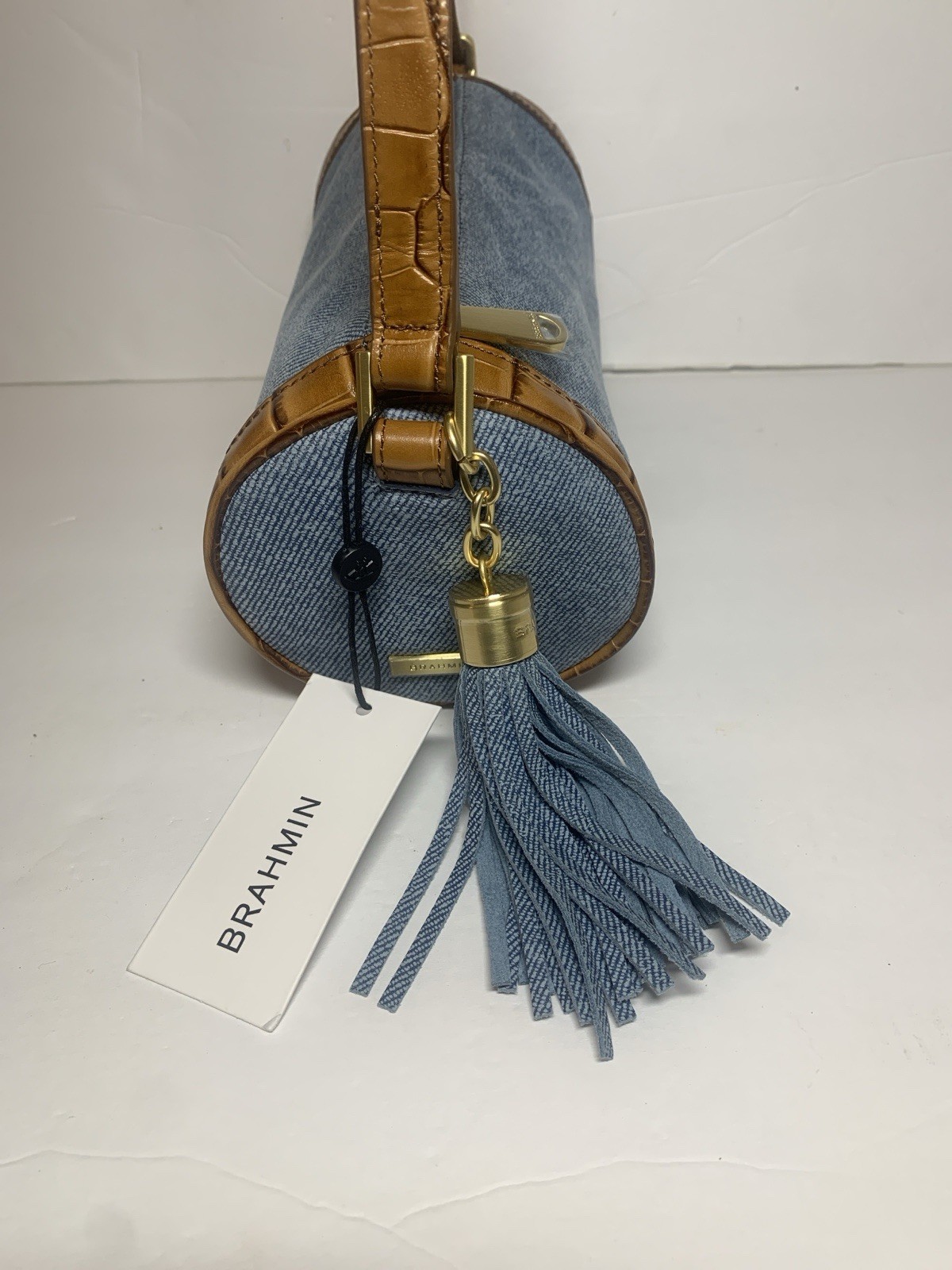 BRAHMIN Billie Barrel Shoulder Bag Denim Leather Brushed Gold Harrware NWT