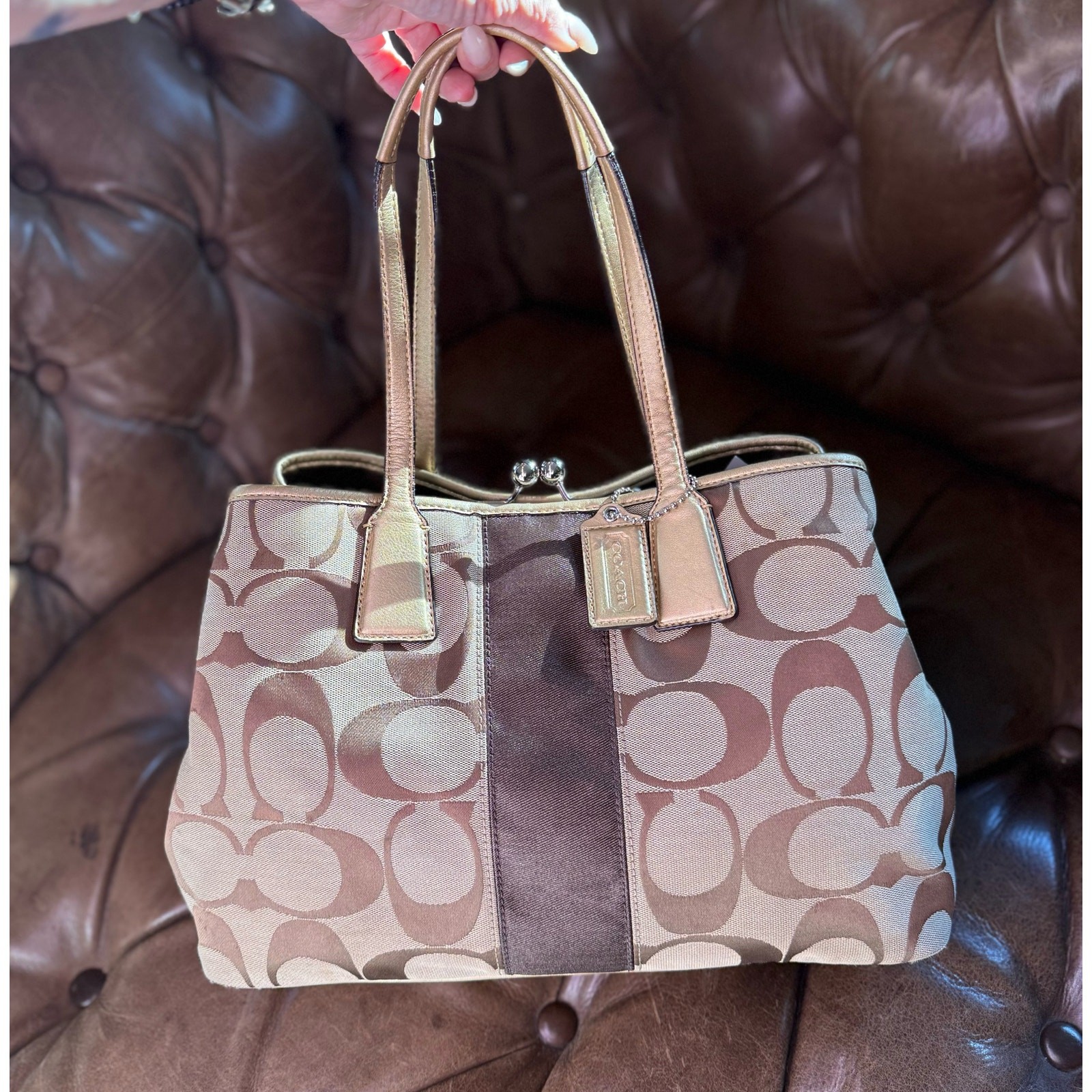 Coach Signature Stripe Framed Kisslock Tote Bag D1071-F13533