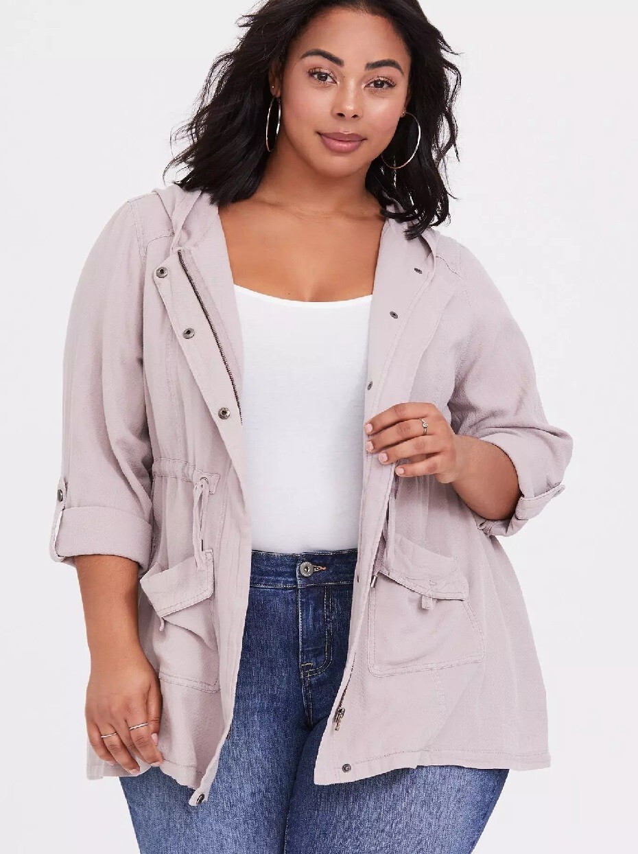 Torrid Jacket Womens 1X Pink Full Zip Snap Hooded Textured Twill Anarak Utility