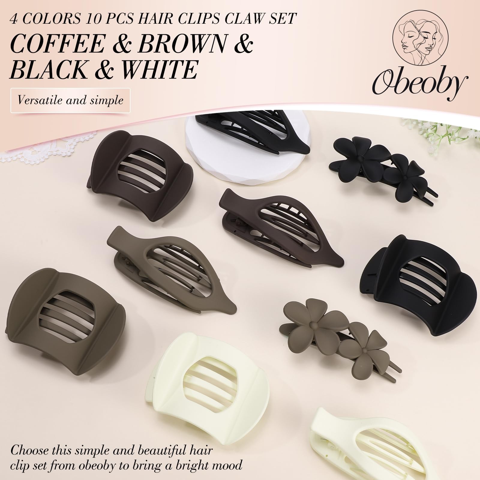 Obeoby 10 Pcs Flat Hair 1 Count (Pack of 10), Coffee, brown, black, white