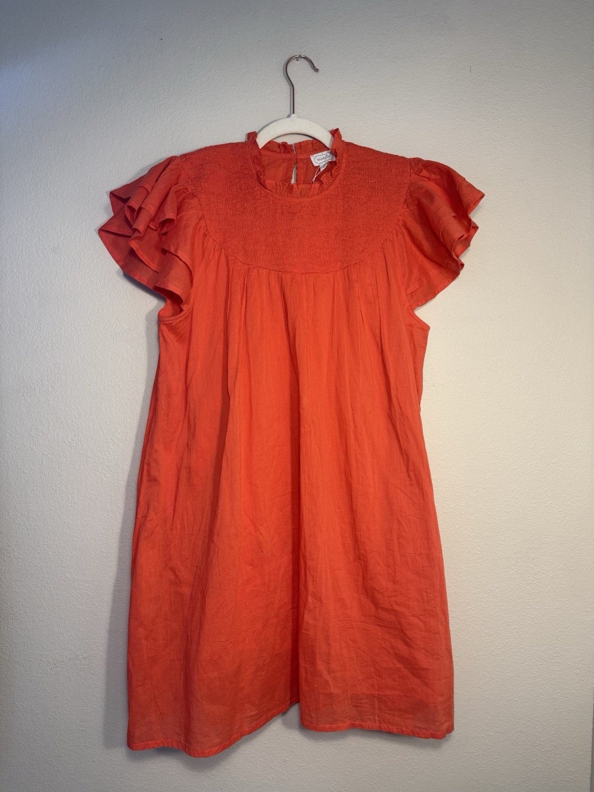 Mud Pie 100% Cotton Bowers Smocked Dress Coral Flutter Sleeve Vivid Coral M