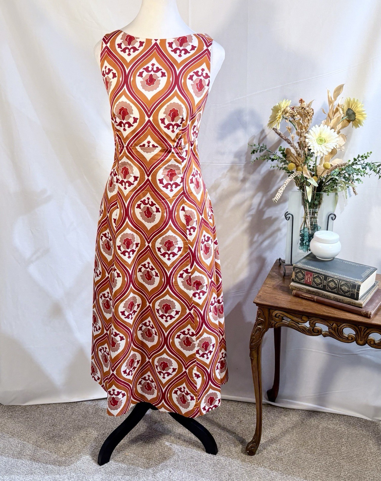 💥Boden Slash Neck Midi Dress Kumquat, Geo Cascade Pockets Stretch Cotton 8🧡