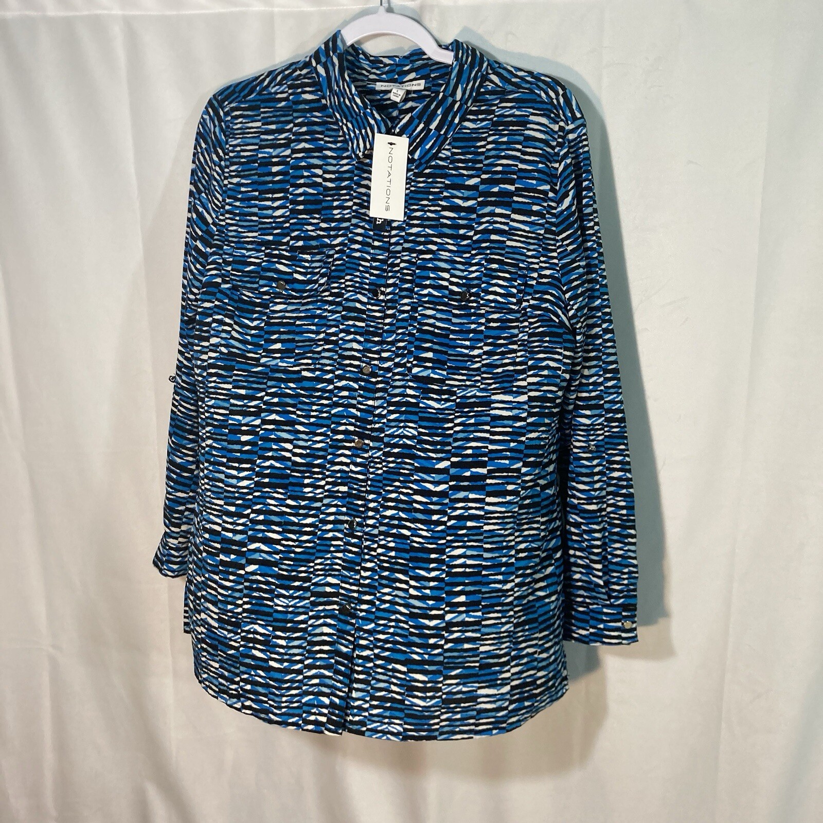 NOTATIONS white black blue button up roll tab sleeve top L