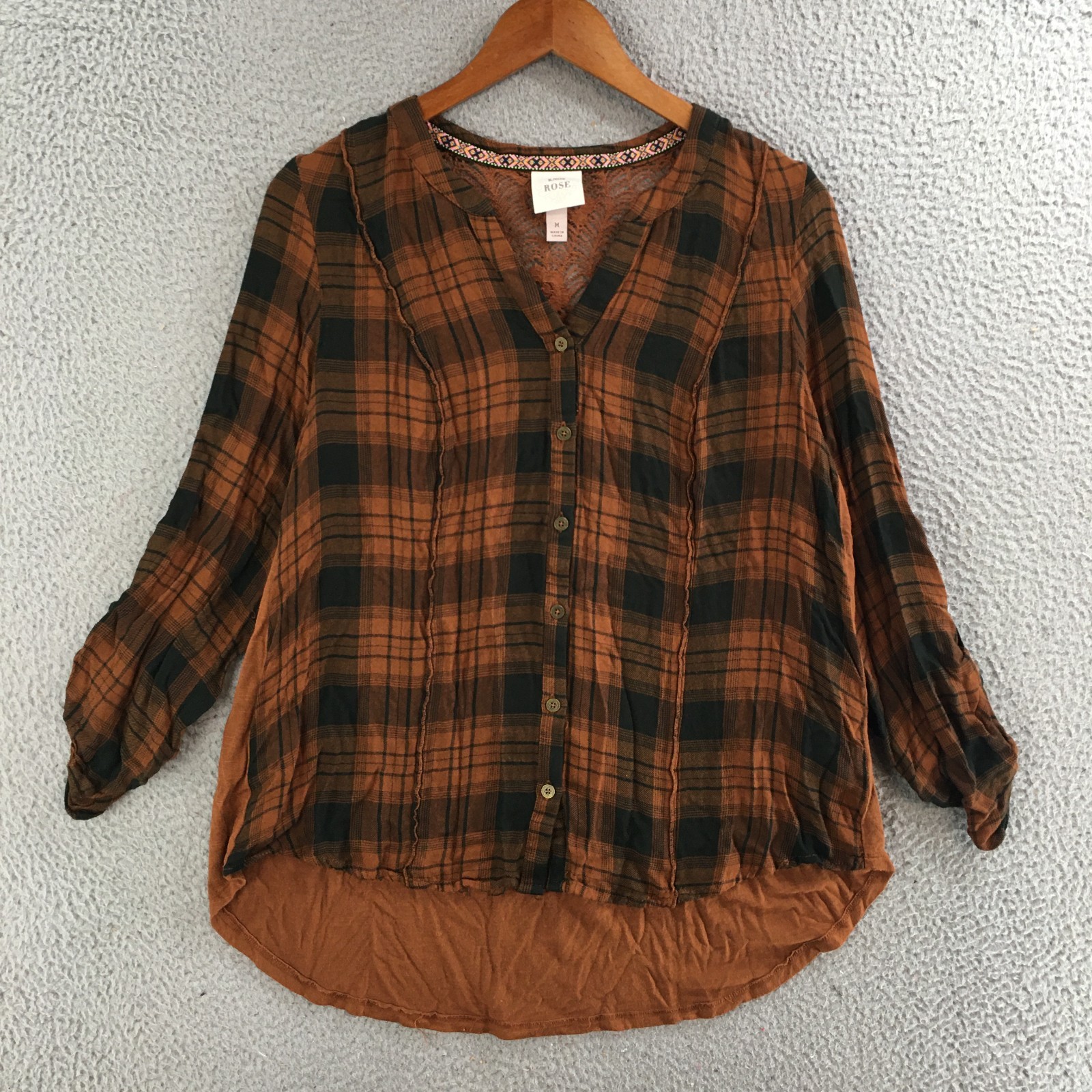 Knox Rose Plaid Button Up Shirt Womens M Lace Hi-Low Back Roll Tab Sleeve Brown