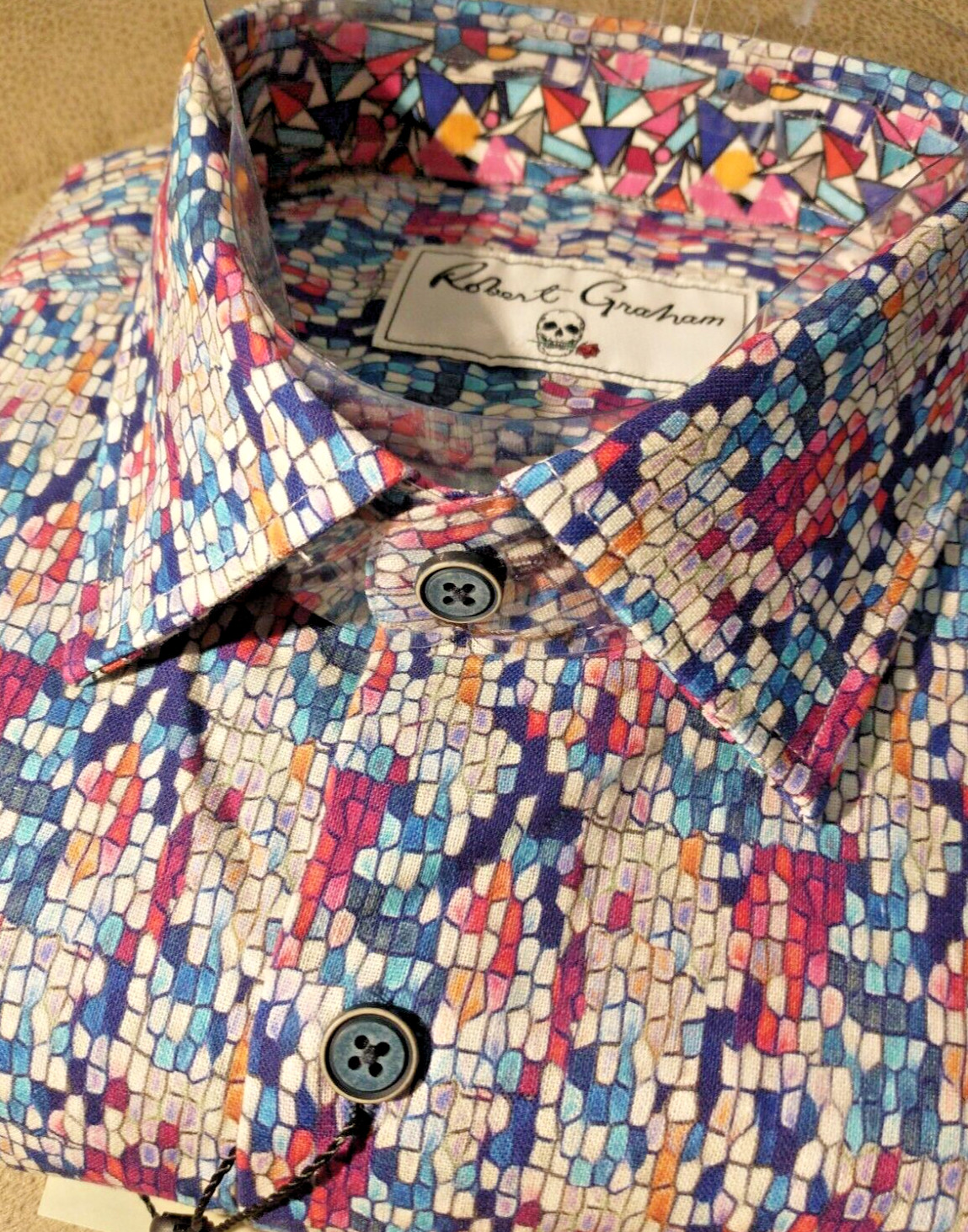 NWT Robert Graham men’s Size L Short Sleeve Button Down Geo/Checks Jacq Clas