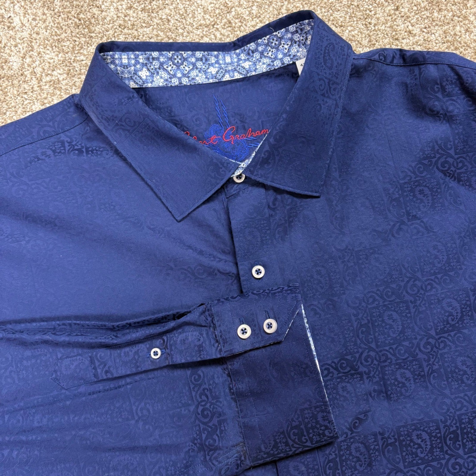 Robert Graham Button Down Shirt Mens 4XLT Navy Blue Tonal Jacquard Paisley Tall