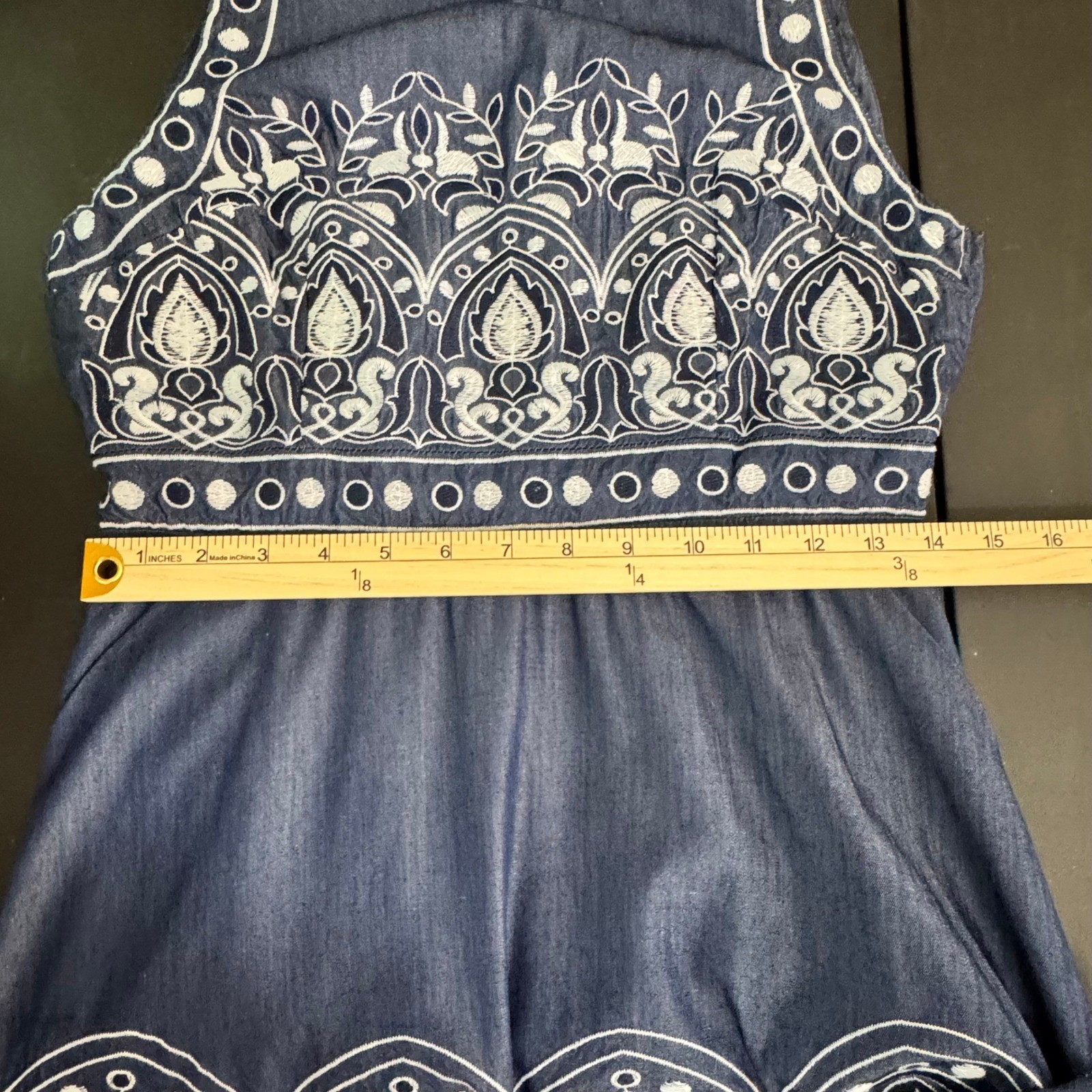 J.O.A Embroidered Denim Dress Open Back Boho Fit Flare Mini S