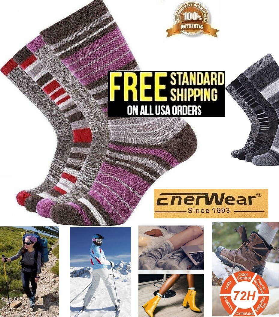 EnerWear 4 Pairs socks Unisex Stripes Merino Wool Outdoor Hiking Trail Crew