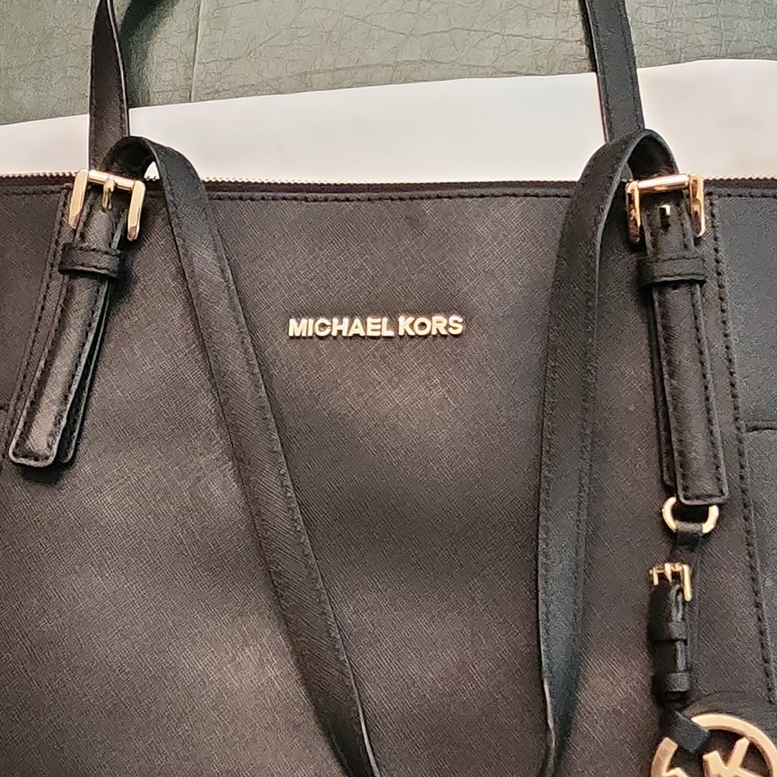 Michael Kors Women’s Black Tote Zip Top Gold Hardware MK Charm, Lined Pockets