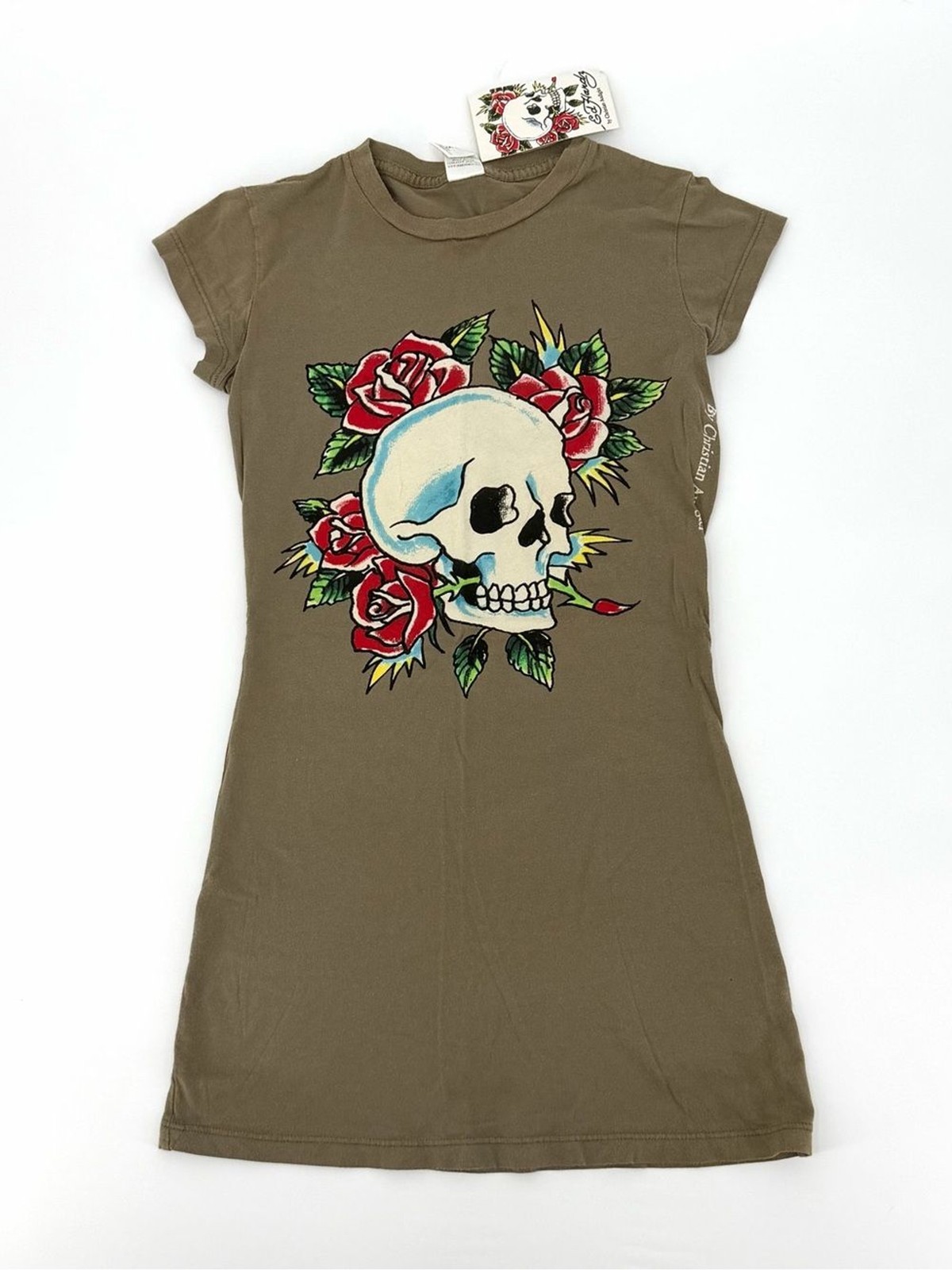 Vintage Ed Hardy Tunic T-Shirt NWT Skull Roses Christian Audigier Olive Brown