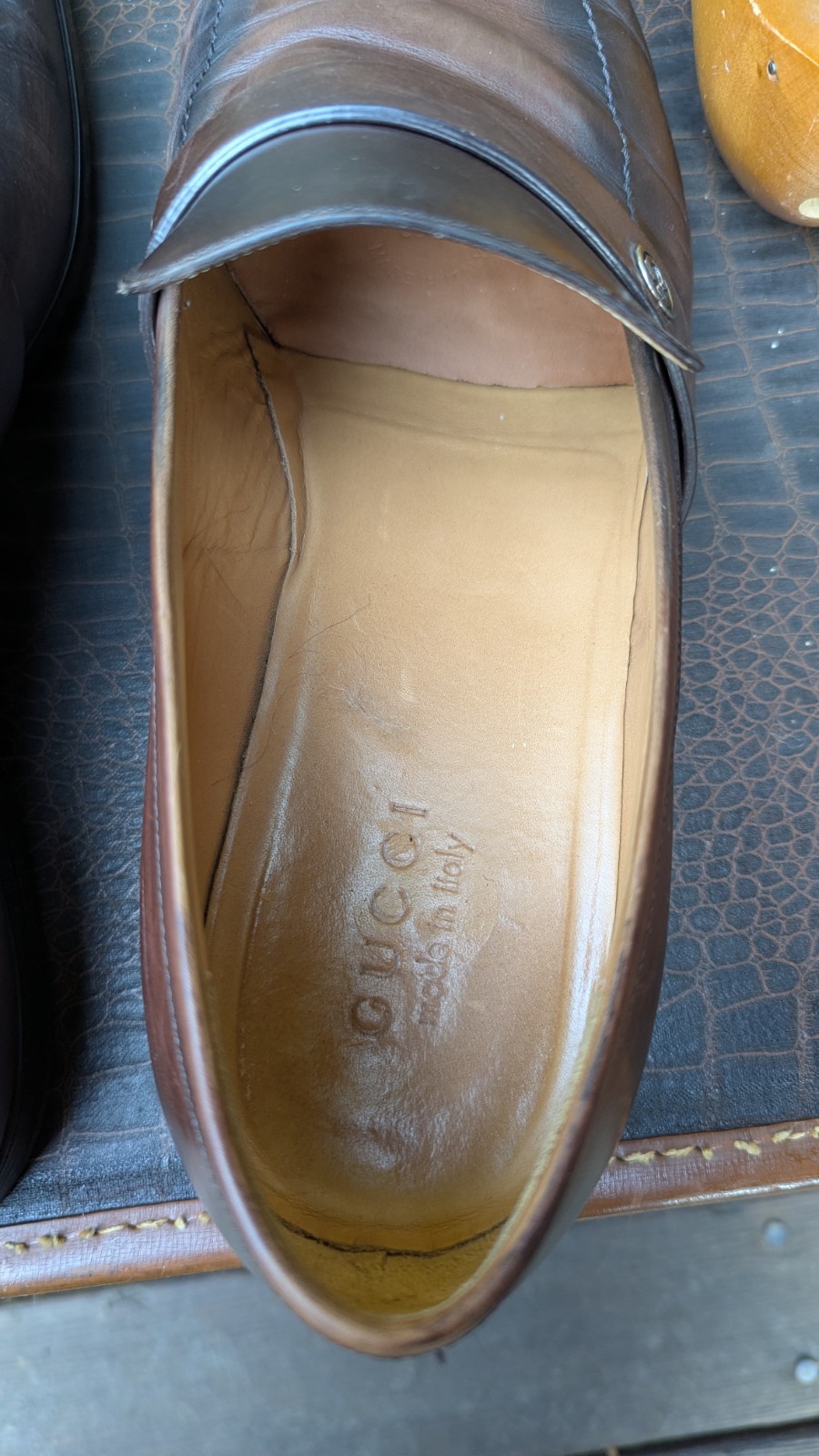 Gucci Brown Leather Loafers GG Style Strap Men’s Size 10 Made in Italy