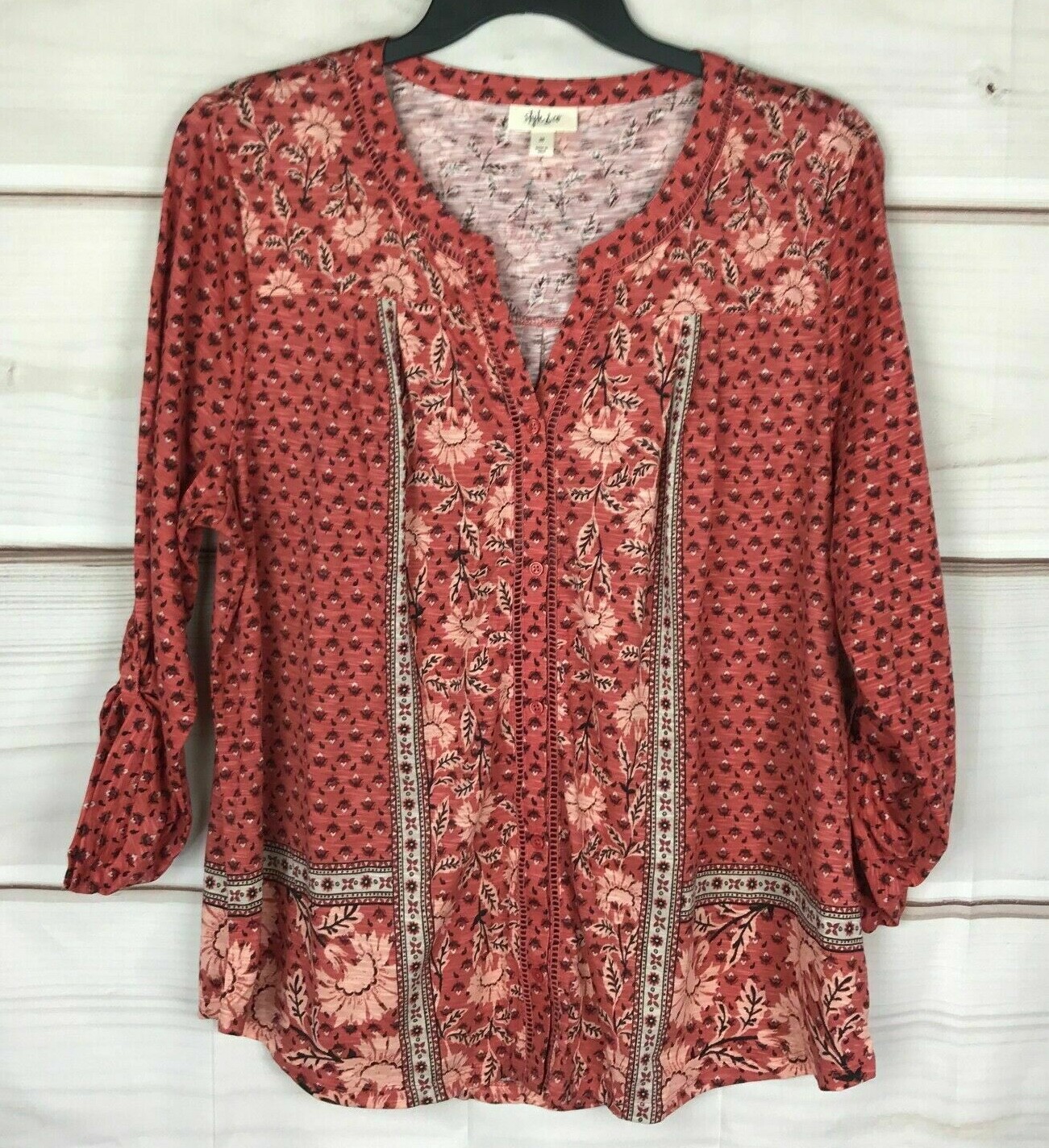 Style&Co Women’s Orange Ladder Trim Roll Tab Sleeve Top Plus Sizes 0X/1X/2X/3X