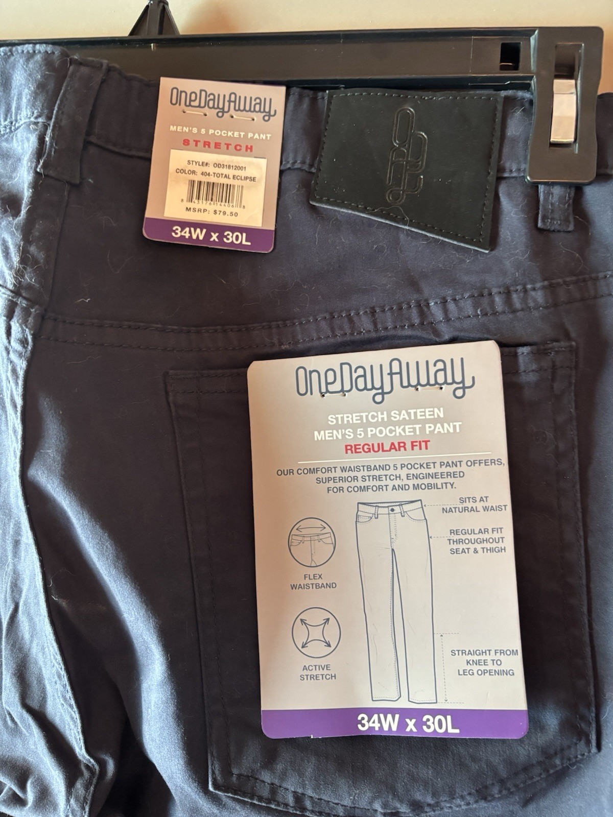 ⁠OneDayAway Mens 5 Pocket Stretch Sateen Pants 34×30 Total Eclipse Navy NWT