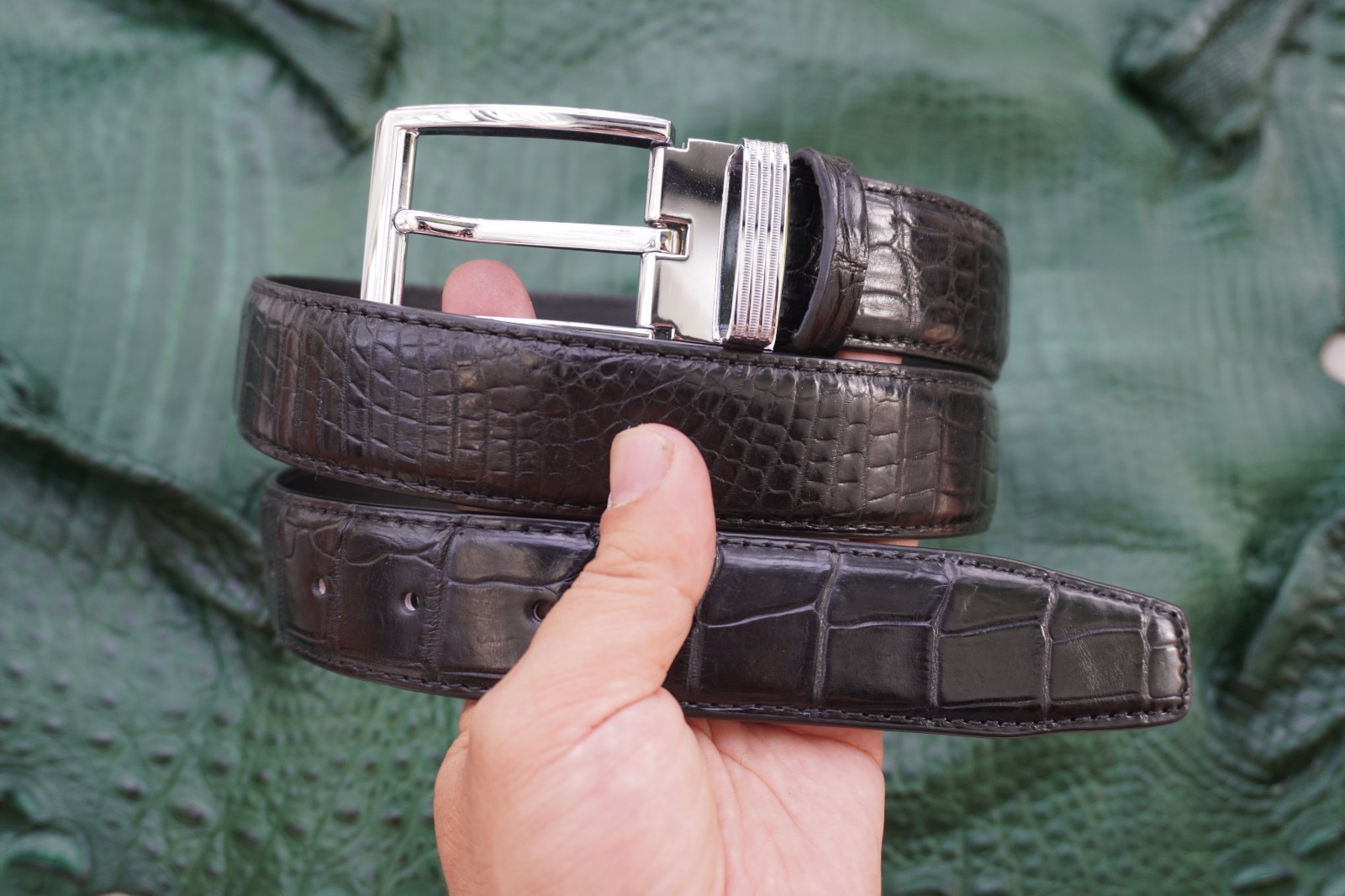 W1.3 inch Black Genuine Crocodile Belly Leather Skin Men’s Belt Plus Buckle #Z15