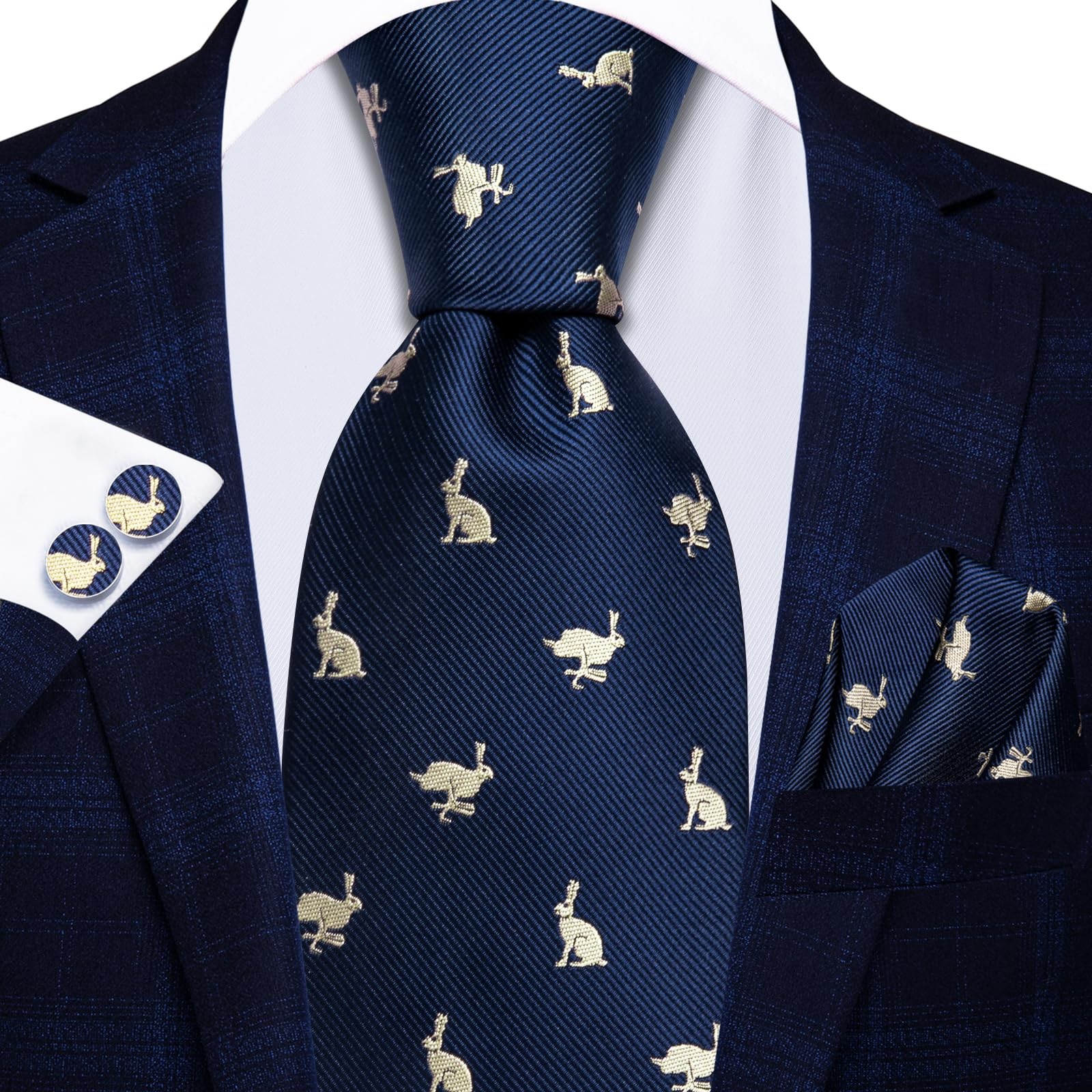 Hi-Tie Easter Rabbits Ties for Men Dark Blue Silk Jacquard Funny Necktie Pock…