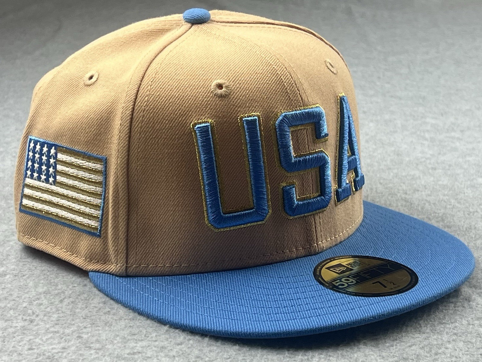 New Era USA 59FIFTY Fitted Hat Size 7 1/2 Khaki/Blue/Gold Hat New