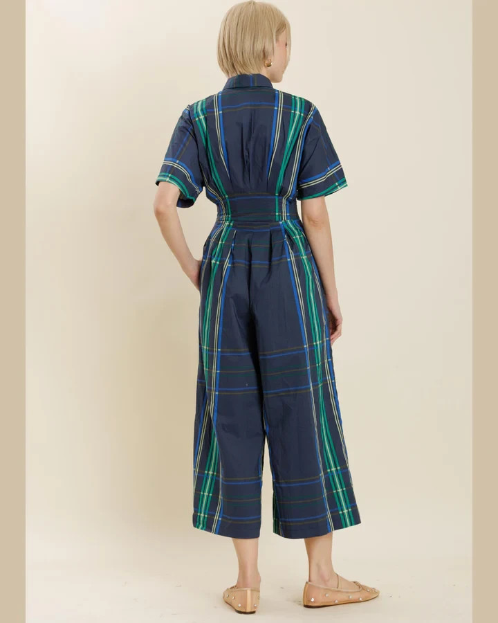 Aureum Short Sleeve Jumpsuit Bethany Blue Green Plaid Pleated Waist Cropped S