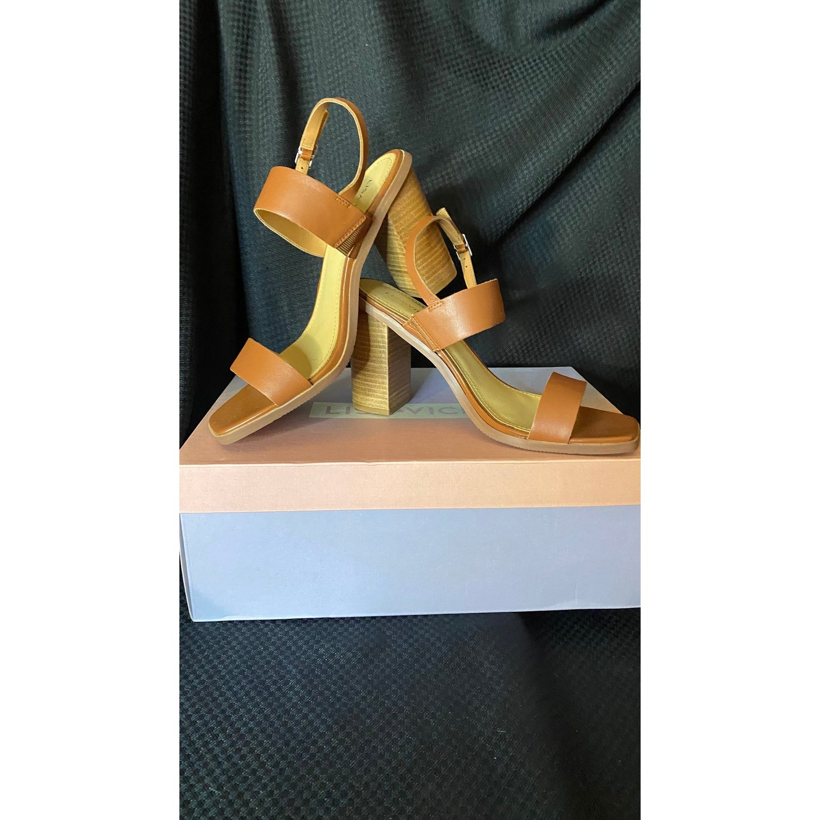 Lisa Vicky Oasis-V Chestnut Leather Block Heel Sandals Women 9M Square Toe Brown